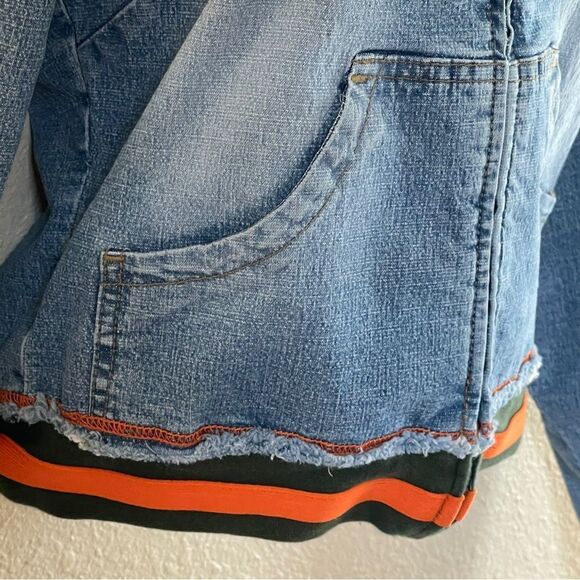 Vintage Fubu Women's Denim Zip Up Jacket with Orange and Green Stripe Accents L - Picture 6 of 16